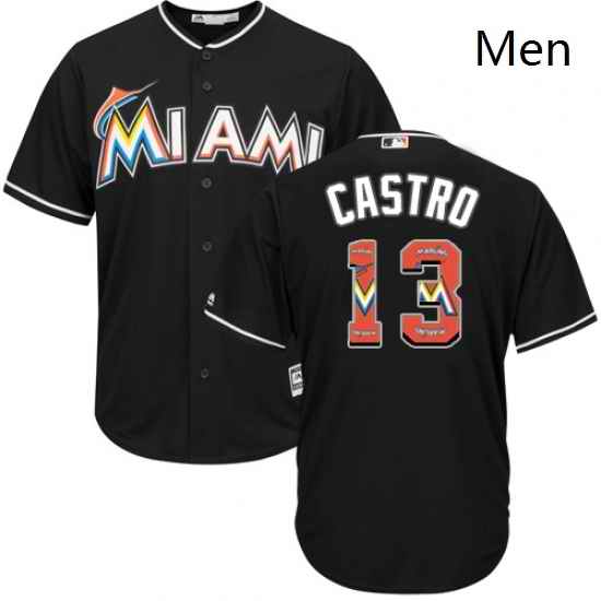 Mens Majestic Miami Marlins 13 Starlin Castro Authentic Black Team Logo Fashion Cool Base MLB Jersey